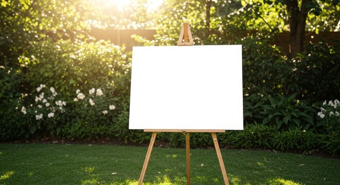 Elegant white board on easel set in lush green garden under sunlight