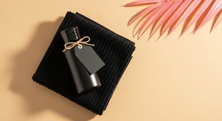 Luxury black spa set on beige background with palm leaf for stylish wellness