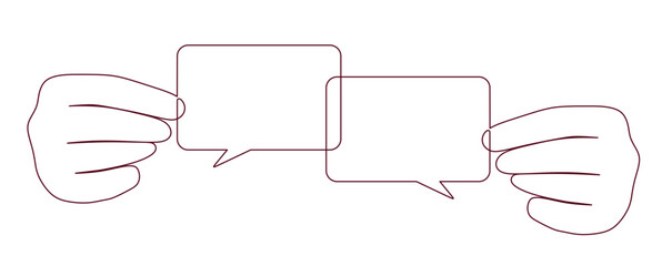 Obraz premium continuous line art of two hands holding two square speech bubbles for a dialogue