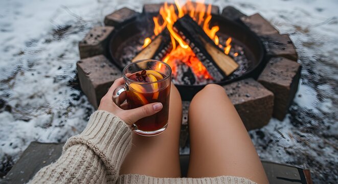Person enjoys warm beverage by outdoor fire pit in snowy environment