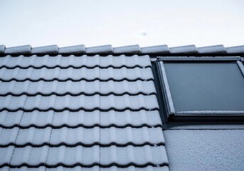 Modern tiled roof covered in snow with a frosted skylight. Winter weather and residential architecture detail. Copy space on an overcast sky