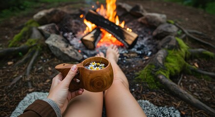 Person relaxes near campfire with wooden cup and firewood in nature