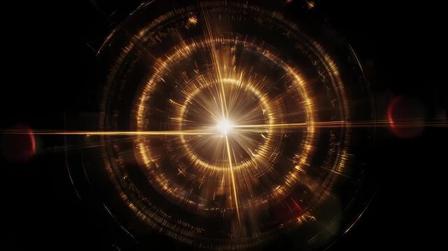 A celestial golden orb with radial beams radiating outwards, set against a dark cosmic background