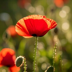 Vibrant red poppy in a field