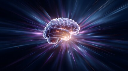 Vivid digital illustration showcases a glowing, translucent brain illuminated by energetic, radiating light beams emanating outwards from its core, creating a sense of intellectual power and mental...