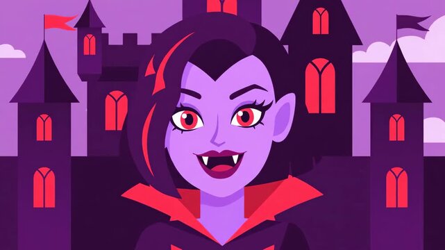 Stylized Cartoon Illustration of a Young Vampire with Castle Backdrop, Perfect for Greeting Cards and Digital Designs for Spooky Celebrations