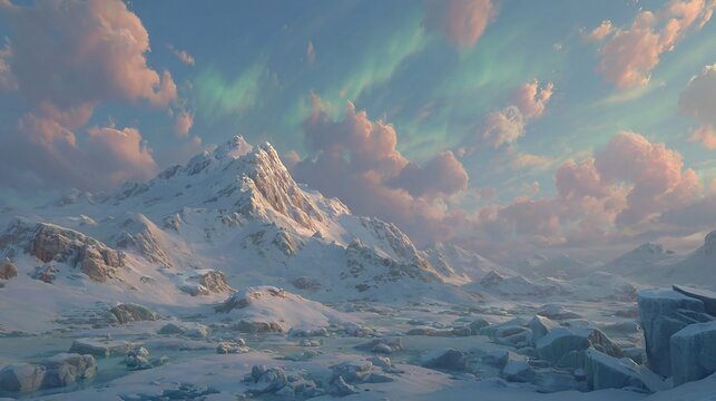 Majestic Snowy Mountains and Pastel Clouds, an Artistic Landscape Painting Showcasing Serenity