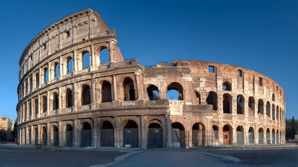 Fototapeta premium Majestic ancient amphitheater stands against a clear, bright blue sky, its aged stone facade showing intricate architectural detail, with archways and weathered textures demonstrating the passage 