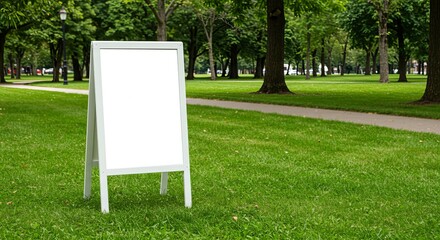 Blank A-Frame Sign on Green Lawn in City Park Ready for Advertisement