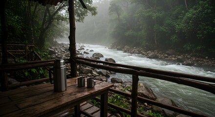 Scenic view of a rushing river in a lush forest with wooden deck