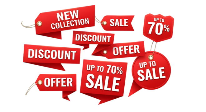 Ultra highresolution, professional studio photography of illustration of collection of red sale tags and discount offer labels isolated on transparent background - Powered by Adobe