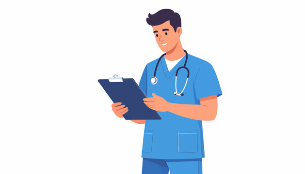 Friendly male nurse reviewing patient charts with a stethoscope in blue scrubs, showcasing compassionate healthcare and dedication to wellness in a modern style