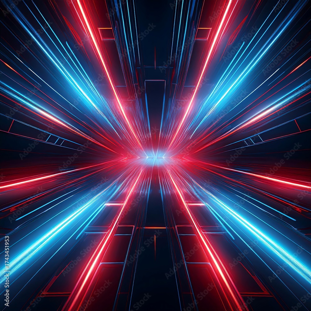 Wall mural this image depicts a symmetrical, futuristic scene with vibrant red and blue light trails converging