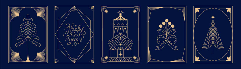 Vector Christmas and New Year design templates for advent calendars, greeting cards, packaging, prints, banners, and minimal graphics in a linear style