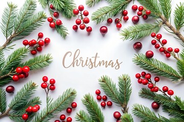 Christmas wreath with red berries and pine branches forming a border around the word christmas on a white background, festive holiday decoration