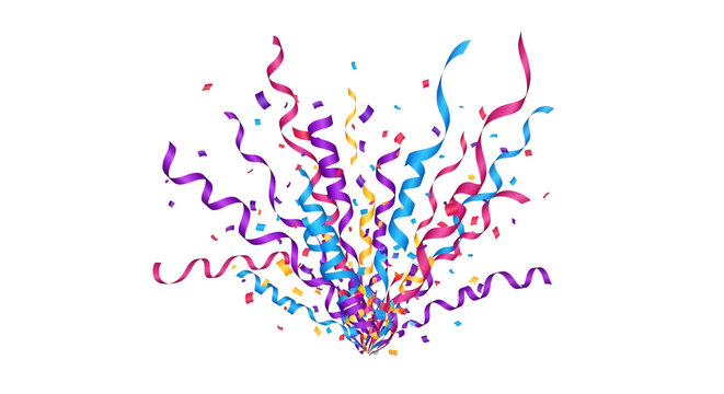 Ultra highresolution, professional studio photography of illustration of colorful confetti and streamers exploding upwards, isolated on transparent background