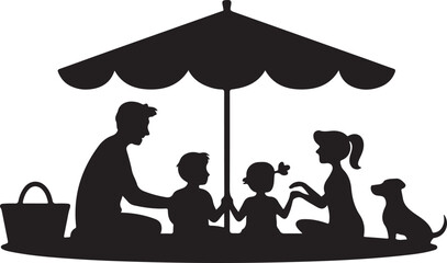 Silhouette of a family with a dog having a picnic under a large umbrella shade shelter
