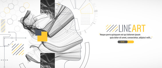 Creative illustration. The outline of the head with waves in the middle is complemented by various technological art elements.