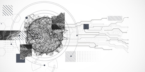 Technological art. Combination of sphere with technological lines and circles in one illustration.
