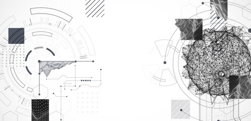 Technological art. Combination of sphere with technological lines and circles in one illustration.