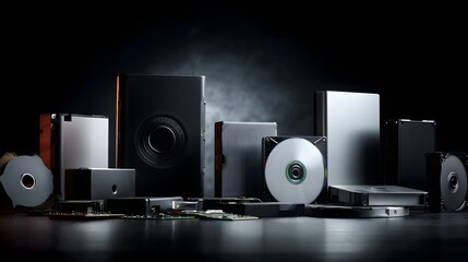 Collection of various electronic storage devices, including hard drives and cd/dvd roms, arranged on a dark surface, showcasing a modern tech setup with metallic and black elements under  lighting.