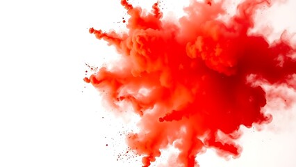 A vibrant cloud of red powder in motion against a white background with dramatic lighting.