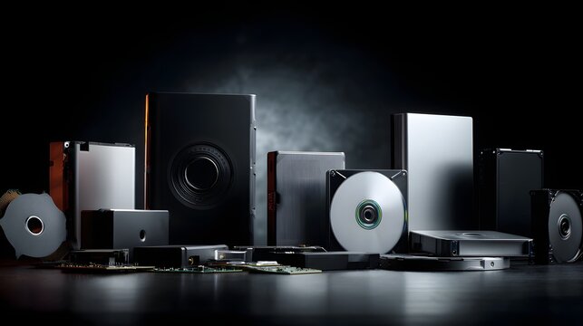Collection of various electronic storage devices, including hard drives and cd/dvd roms, arranged on a dark surface, showcasing a modern tech setup with metallic and black elements under  lighting.