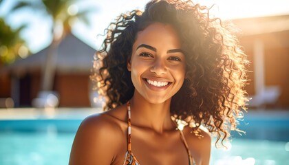 Happy woman enjoying a sunny day by the pool.