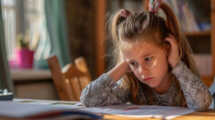 A girl sits at a desk and struggles with studying