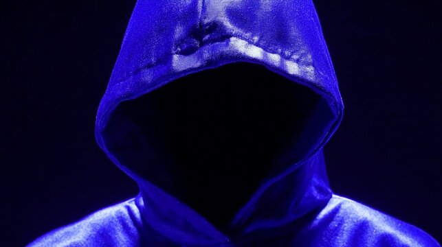 Mysterious figure in a blue hooded cloak casting a shadow of anonymity and suspense
