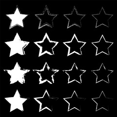 Brush grunge stars. White outline shapes. Abstract starry Vector pattern. Distress holiday element.