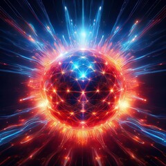 Fototapeta premium A glowing orb bursts with energy, showcasing an intricate network of light. The vibrant color palette evokes a sense of power and the interconnectedness of an unseen force. Hints of connection, techno
