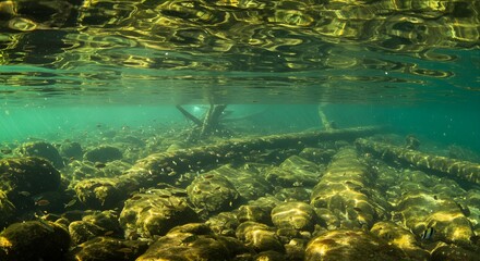Underwater view of rocks and fallen logs in crystal clear water