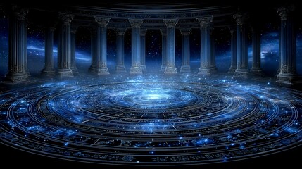 Mystical ancient temple with columns and glowing cosmic circle on the floor creates an atmosphere