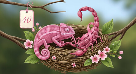 Unusual Pink Nest With Chameleon Scorpion Spring Blossoms And Tag