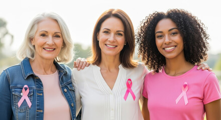 Women Wearing Pink Ribbons Support Breast Cancer Awareness Month Together