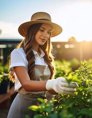 Woman tending to plants in a sunlit garden.