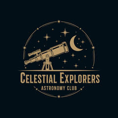 Vintage Celestial Explorers Astronomy Club logo with telescope and stars.