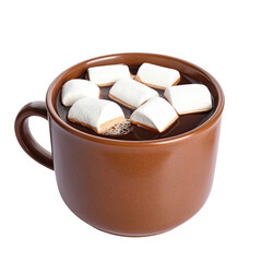 A brown mug filled with warm, dark beverage and topped with fluffy, white, rectangular treats