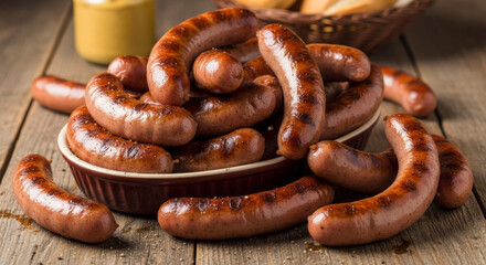 Delicious Grilled Sausages on a Wooden Table with Mustard and Bread