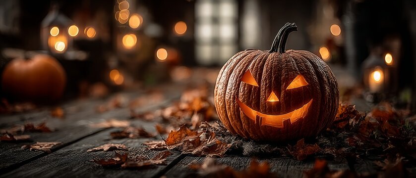 Ethereal autumn: harmonious halloween arrangement with nature's touch. Blockbuster poster. Enhanced autumn atmosphere: pumpkin and leaf decor on rustic wooden board. Movie cover.