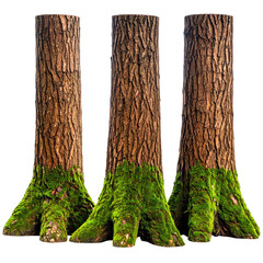 Three tree trunks with textured bark and moss-covered bases, isolated against a black background