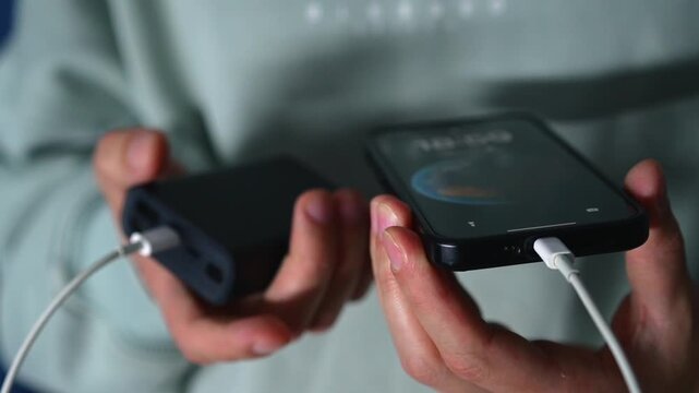Connecting a USB cable to a smartphone.
A man holding a portable mobile phone charger.
A dead smartphone battery.
Low battery on a mobile phone.