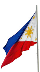 A national banner flutters on a pole with blue, white, and red colors, and sun/star emblems