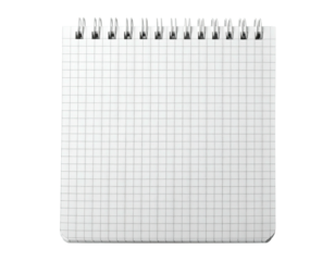 Square, wire-bound notepad with grid paper, ready for notes against a transparent background
