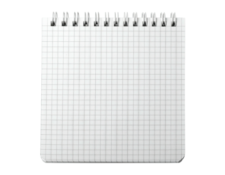 Square, wire-bound notepad with grid paper, ready for notes against a transparent background - Powered by Adobe