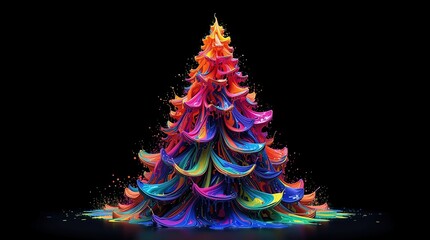 Vivid abstract Christmas tree made of colorful paint splashes and fluid strokes on black background, modern artistic holiday design symbolizing creativity, joy, and festive celebration