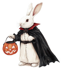 Elegant rabbit in cape holding Halloween pumpkin