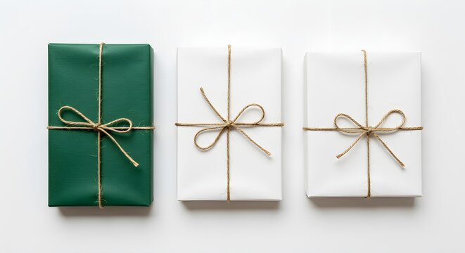 Wrapped gifts green and white boxes tied with string on white background
