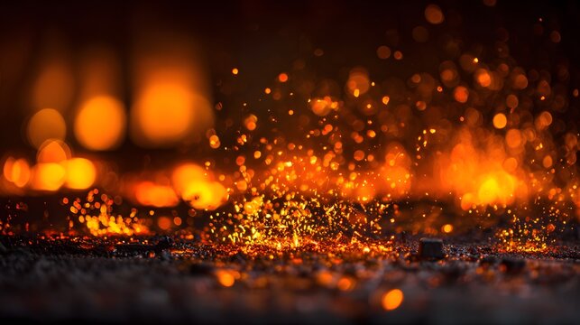 Fiery particles erupt upwards, revealing a mesmerizing display of vibrant orange and yellow hues against a blurred dark background.